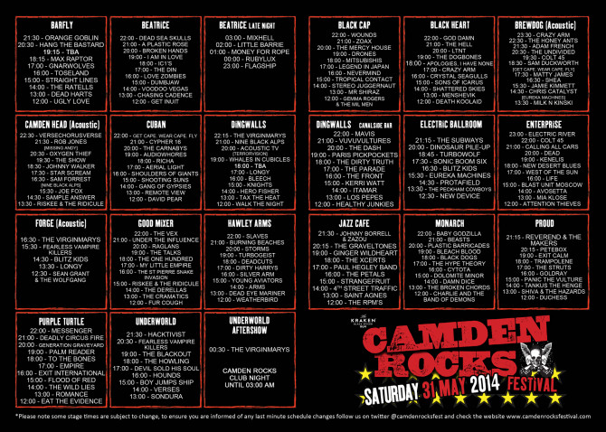 Camden Rocks stage times